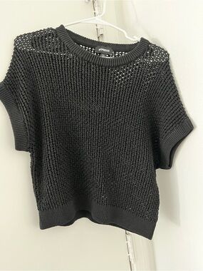 Express Black Open-Knit Short Sleeve Crew Sweater